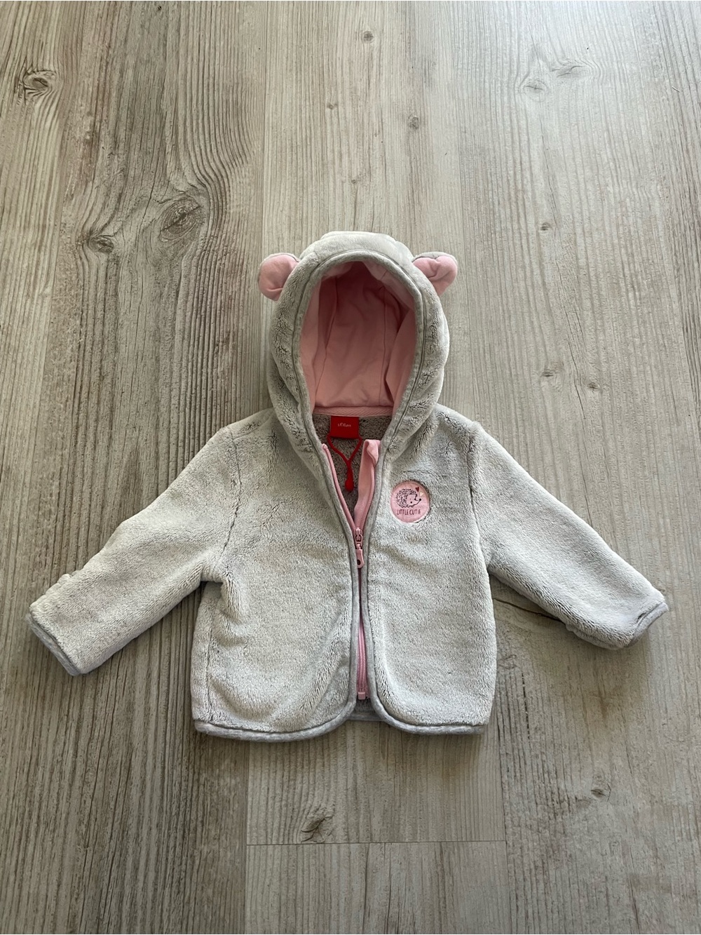 NWOT Pink-Lined Gray Baby Hooded Fleece Jacket with Ears-Cozy-Fuzzy-3-6 Months
